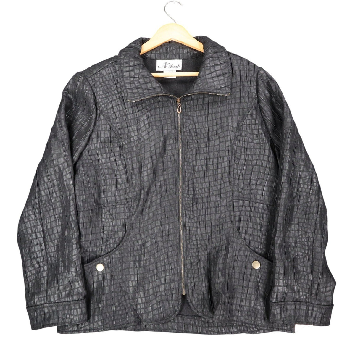 N Touch Zip Up Jacket Womens 14 Black Textured Crinkle Mock Neck New NWT - take2supply