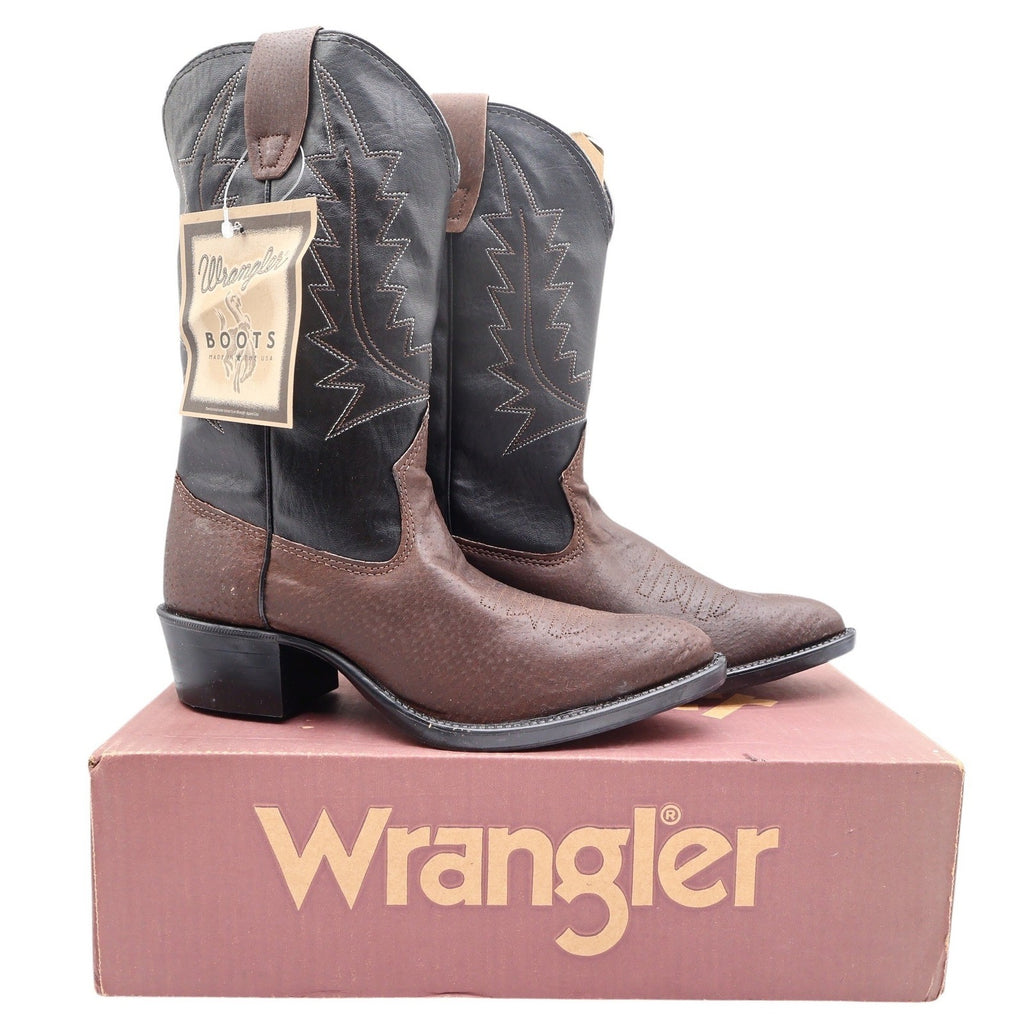 Wrangler Vintage Western Boots Youth 4.5 D Old Brown Leather Black NWT USA Made - take2supply