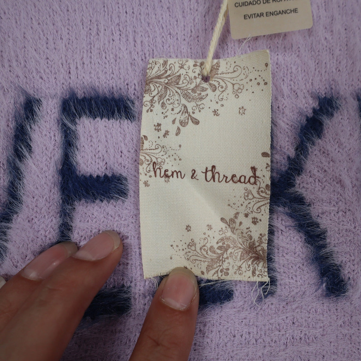 Hem & Thread Weekend Sweater Womens Large Lavender Fuzzy Eyelash Knit Graphic - take2supply