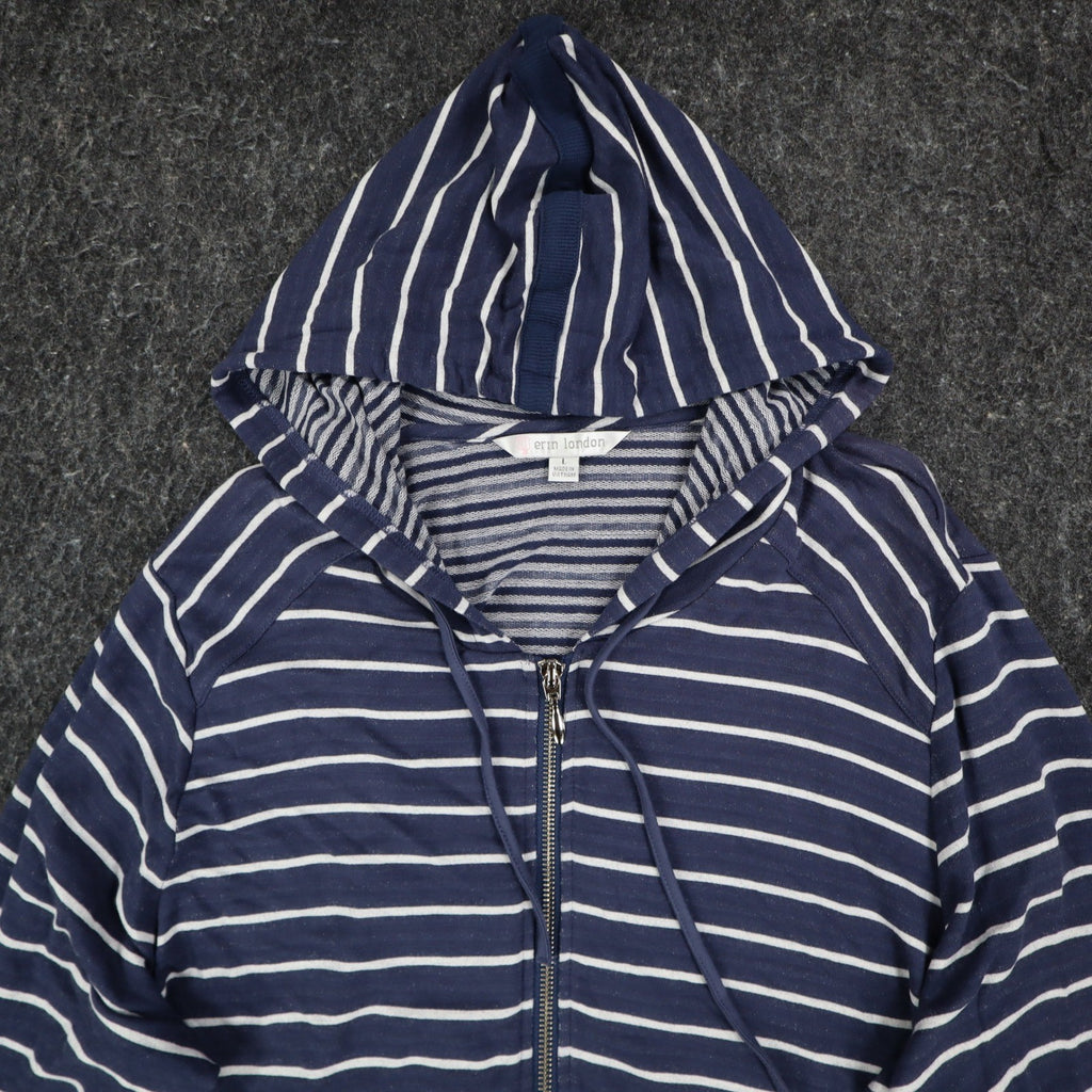 Erin London Womens L Navy White Striped Zip Hoodie Bell Sleeve Pockets NWT - take2supply