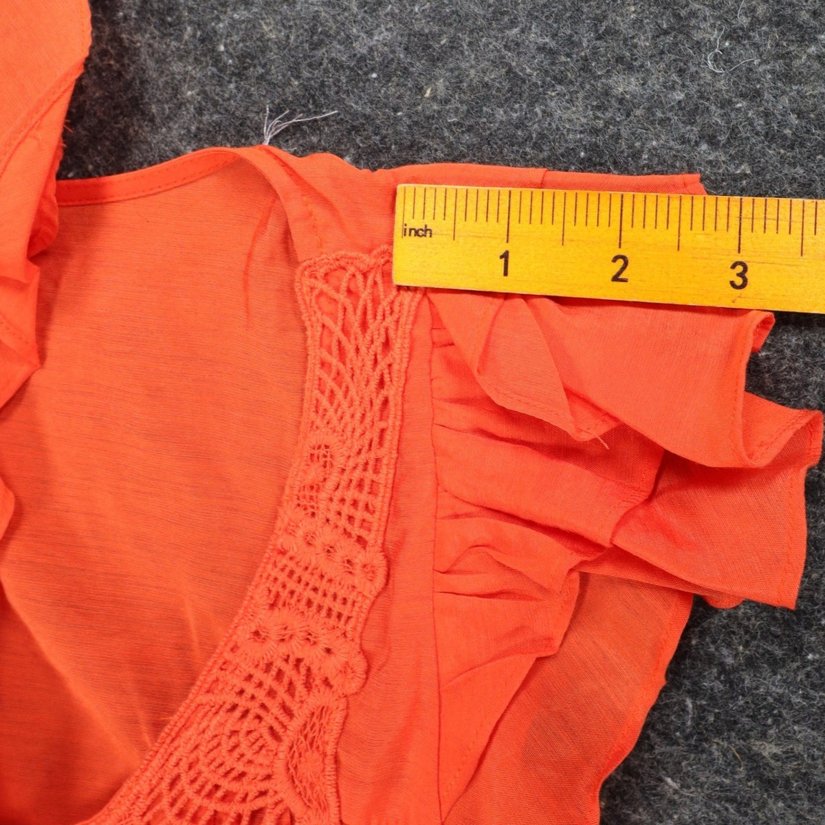 XOXO Blouse Womens L Orange Rayon Crochet Lace Ruffle Cap Sleeve Smocked Top NEW - take2supply