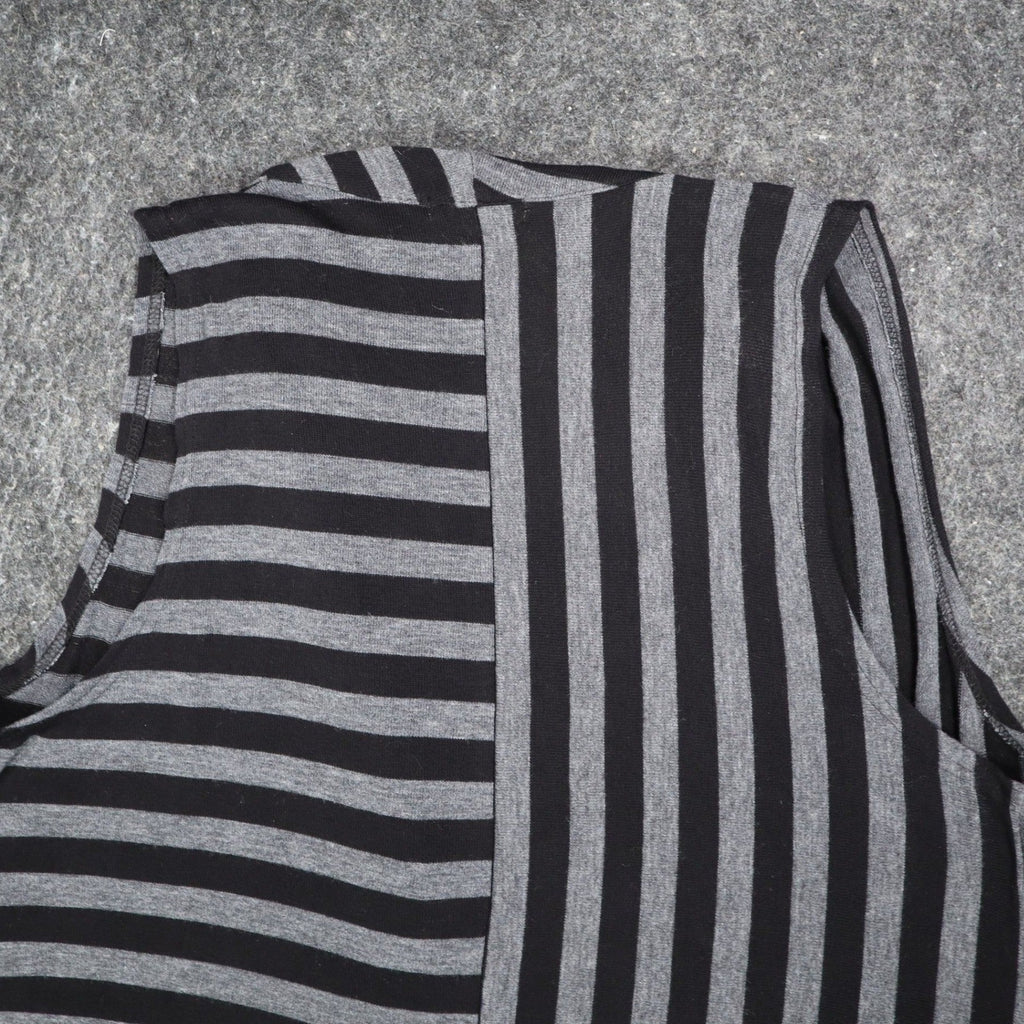 Erin London Open Front Vest Womens Large Black Grey Striped Draped Waterfall Hem - take2supply