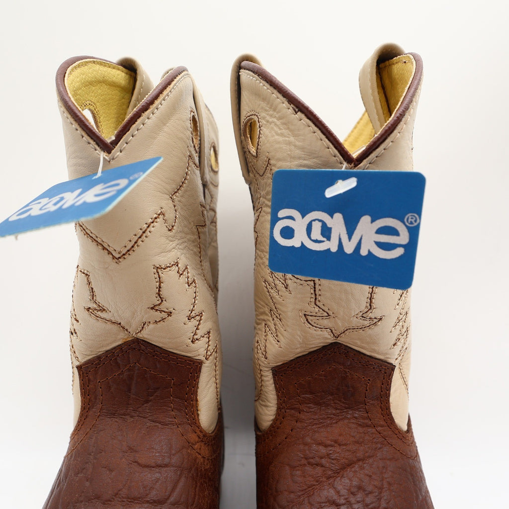Acme Vintage Cowboy Boots Boys 2 Brown Cream Bullhide Roper NWT Deadstock - take2supply
