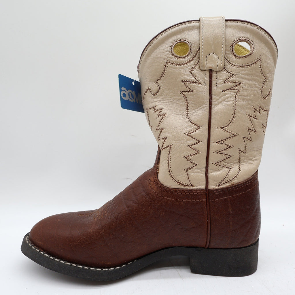 Acme Vintage Cowboy Boots Boys 2 Brown Cream Bullhide Roper NWT Deadstock - take2supply