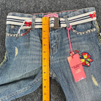 US Polo Assn Y2K Butterfly Jeans Girls 12 Blue Denim Flare Belted USPA NWT - take2supply