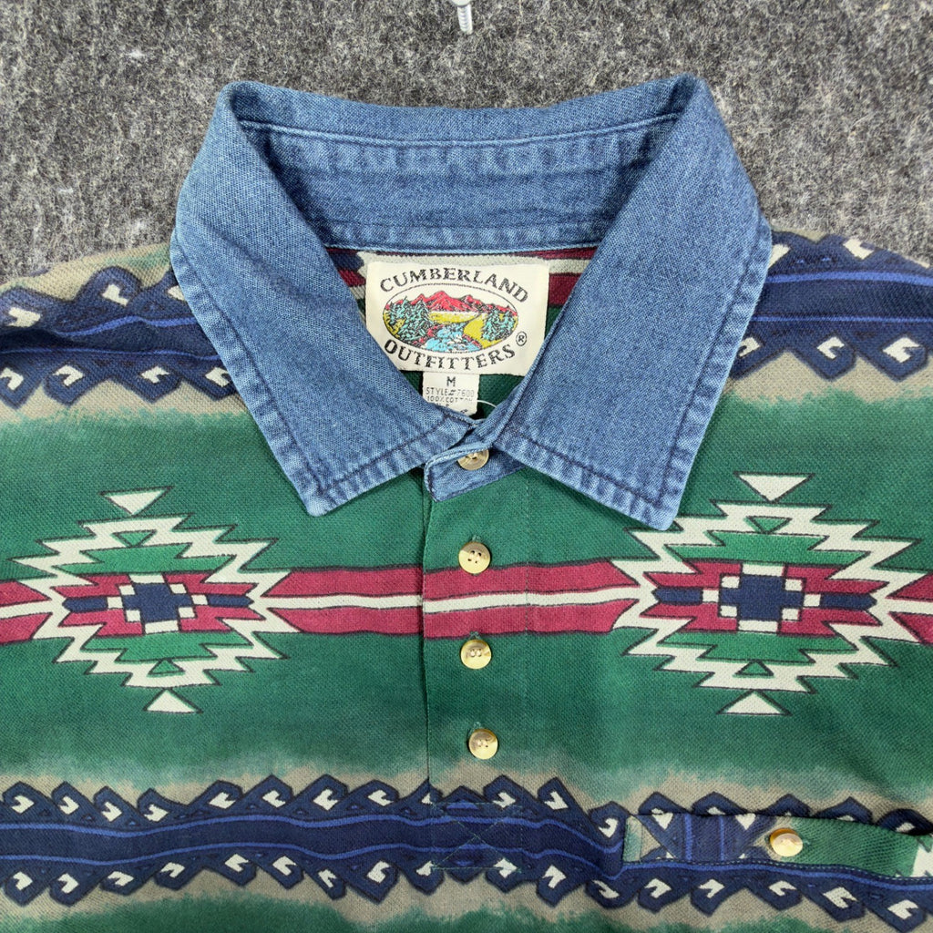 Cumberland Outfitters Vintage 90s Aztec Polo Mens Medium Green Cotton Denim C411 - take2supply