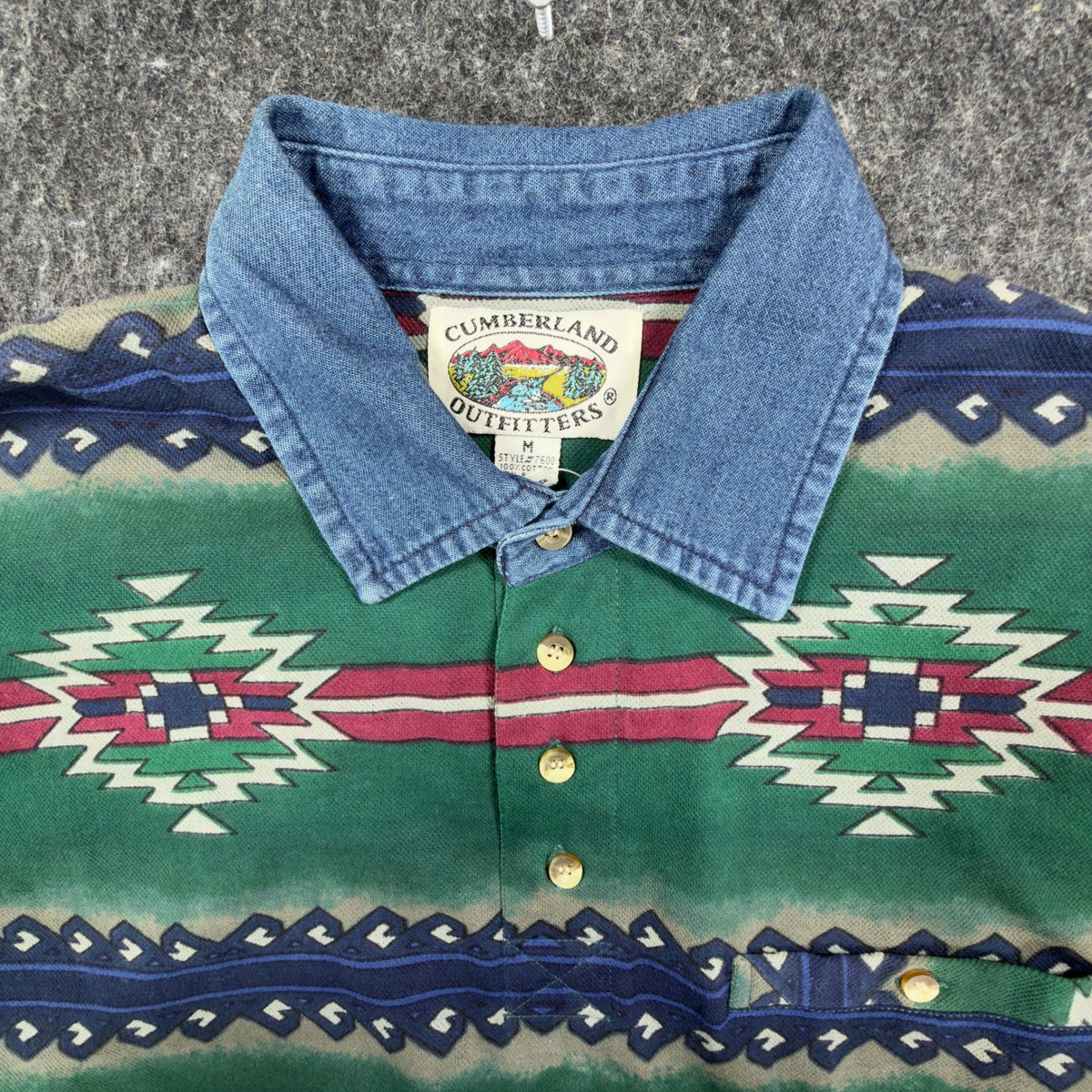 Cumberland Outfitters Vintage 90s Aztec Polo Mens Medium Green Cotton Denim C411 - take2supply