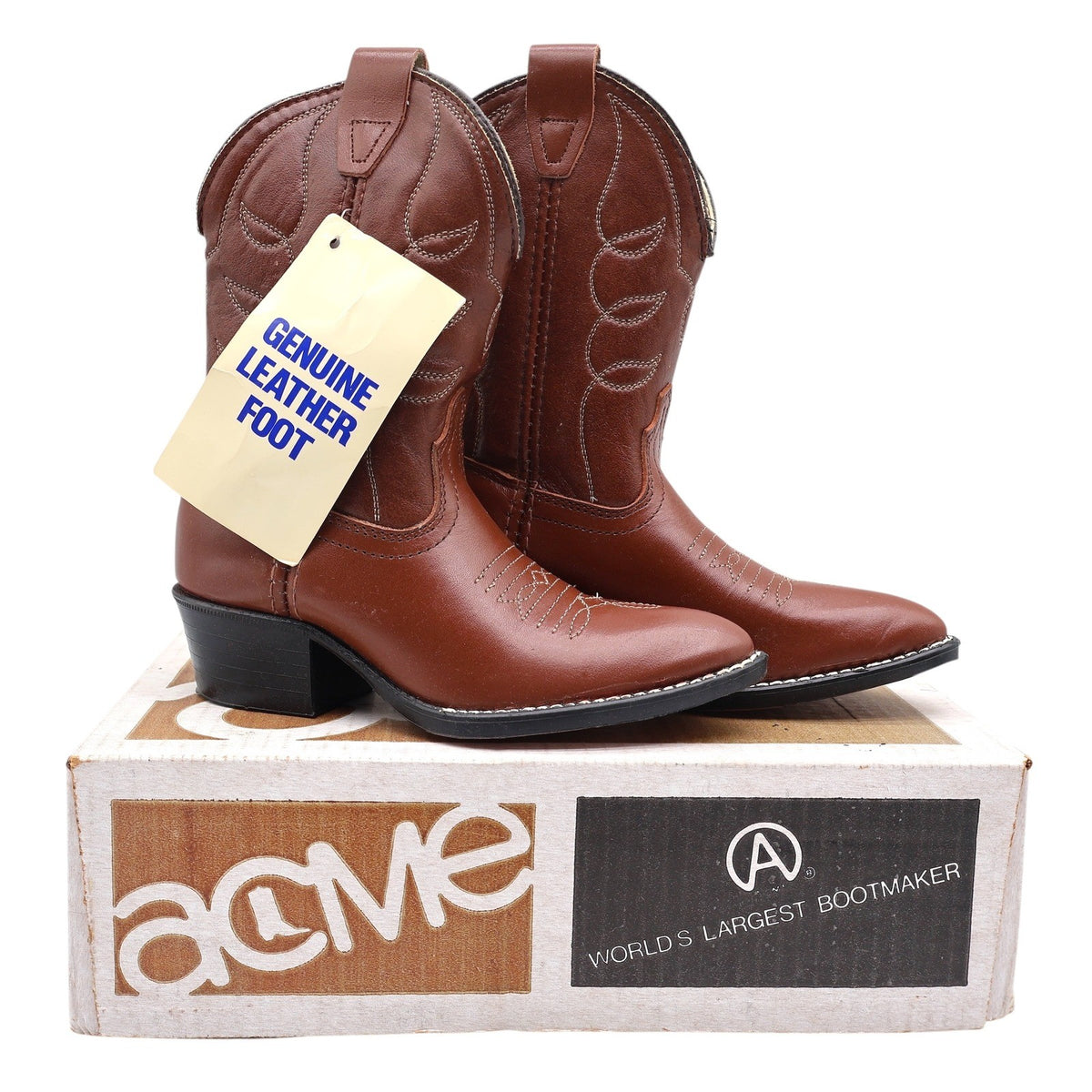 Acme Cowboy Boots Kids Size 10 D Vintage Brown Leather Made in USA NIB 2406 - take2supply