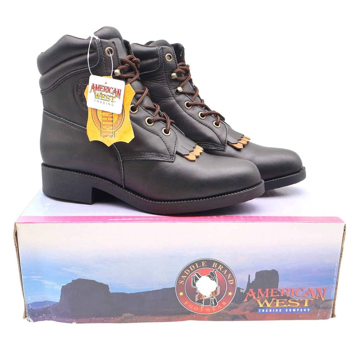 American West Saddle Brand Kiltie Boots Womens 7.5 Black Leather Vintage 2003 - take2supply