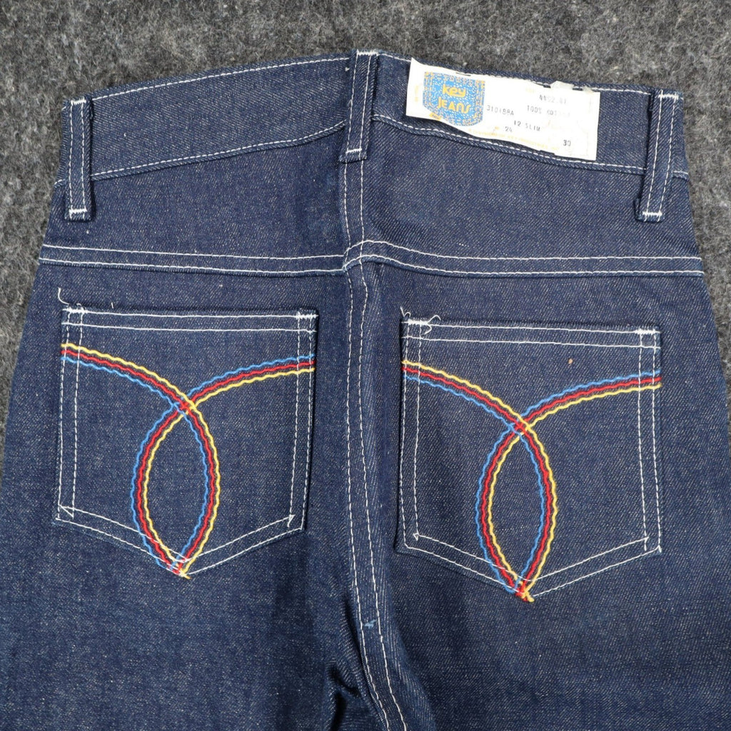 Key Jeans Denim Jeans Boys 12 Slim 24x30 Vintage 70s Dark Wash Rainbow Stitching - take2supply