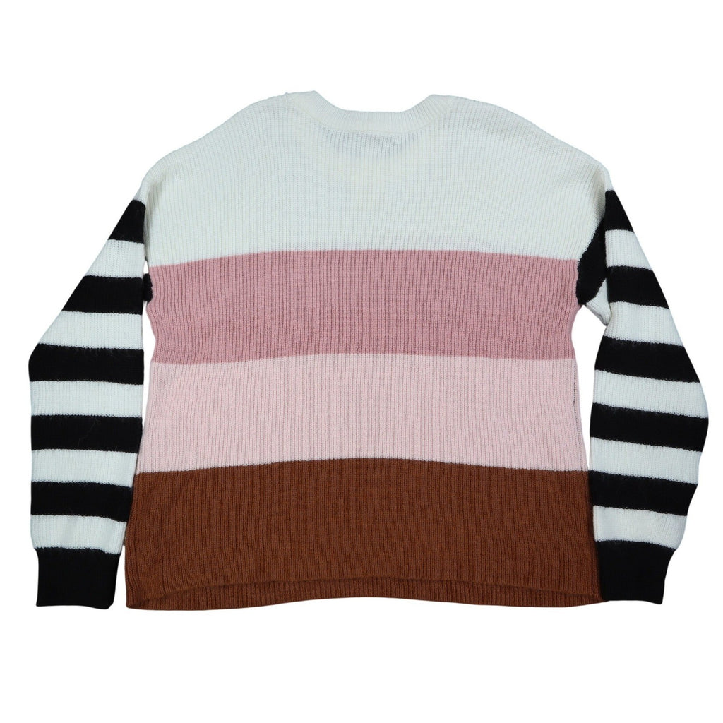 Hem & Thread Colorblock Striped Sweater Women Medium Pink Brown White Black Knit - take2supply