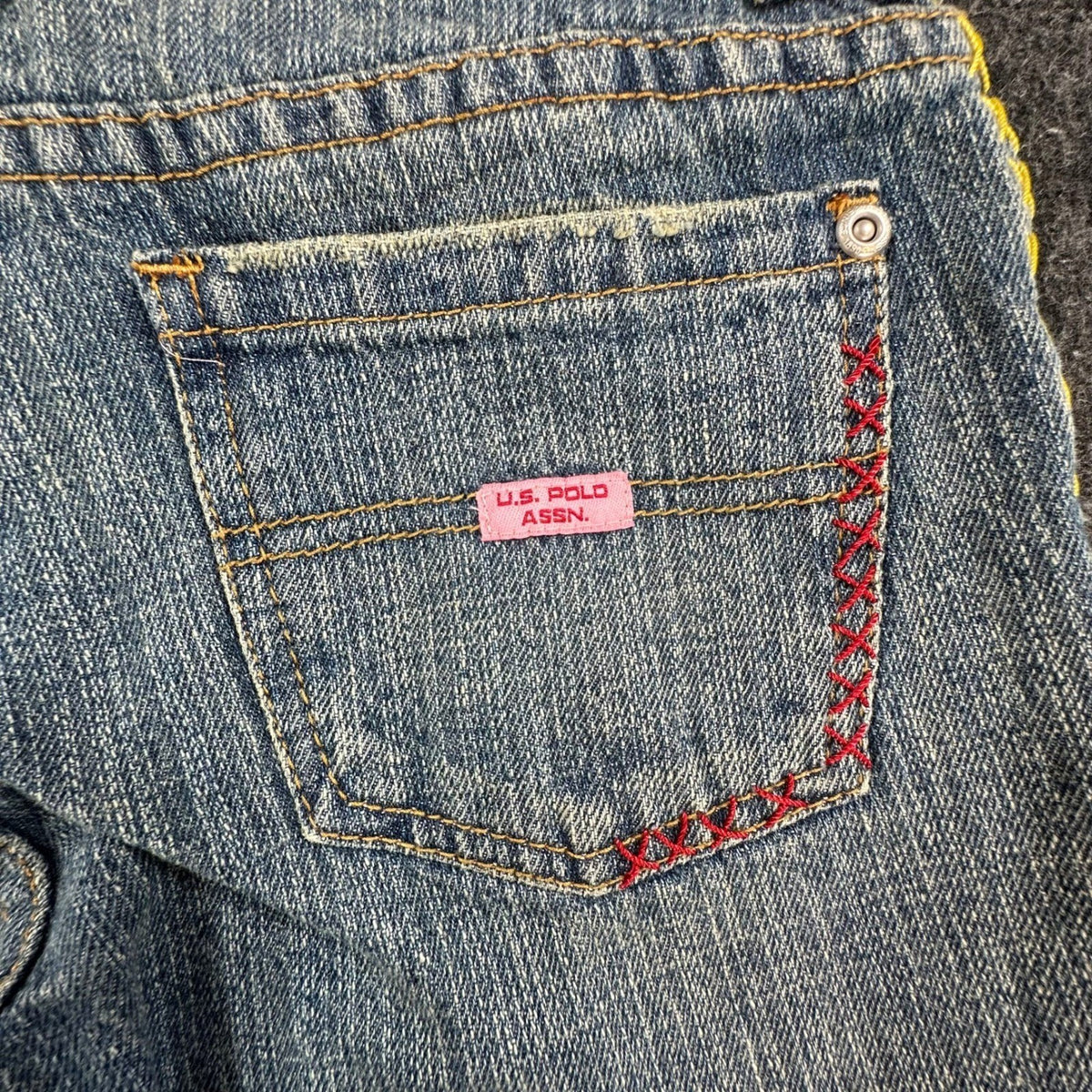 US Polo Assn Y2K Butterfly Jeans Girls 12 Blue Denim Flare Belted USPA NWT - take2supply