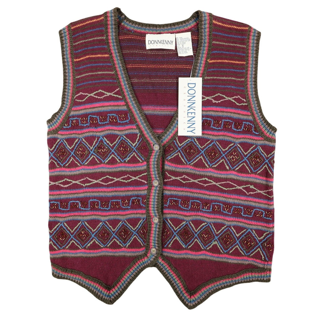 Donnkenny Classics Sweater Vest Womens M Vintage 90s Burgundy Beaded Knit Vest - take2supply