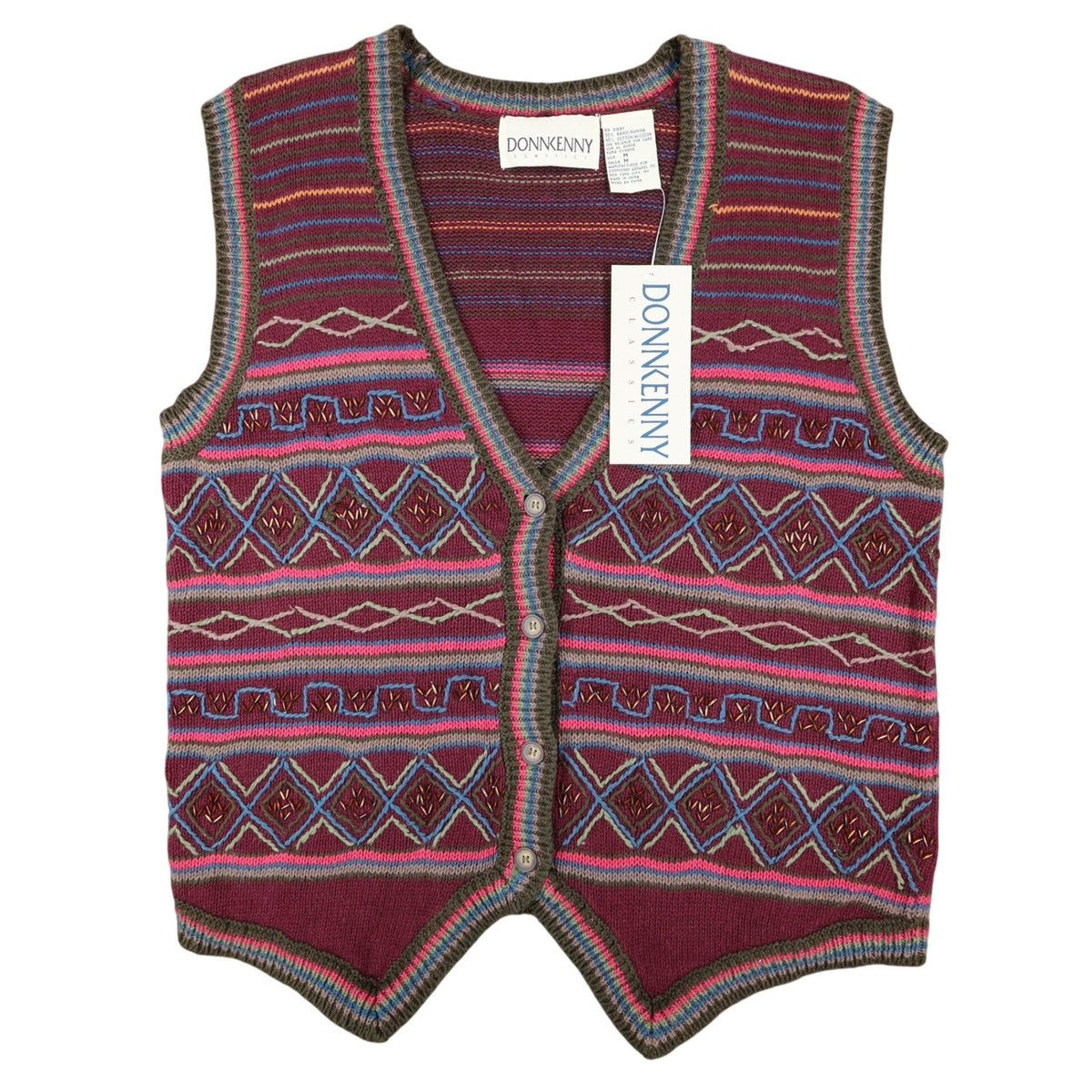 Donnkenny Classics Sweater Vest Womens M Vintage 90s Burgundy Beaded Knit Vest - take2supply