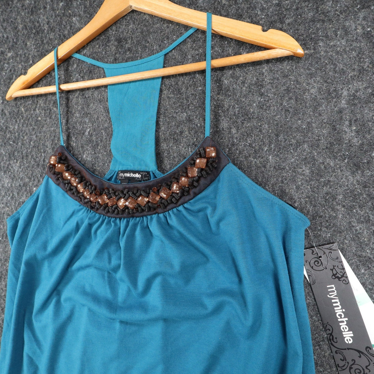 Mymichelle Tank Top Large Teal Blue Beaded Neckline Racerback Banded Hem NWT - take2supply