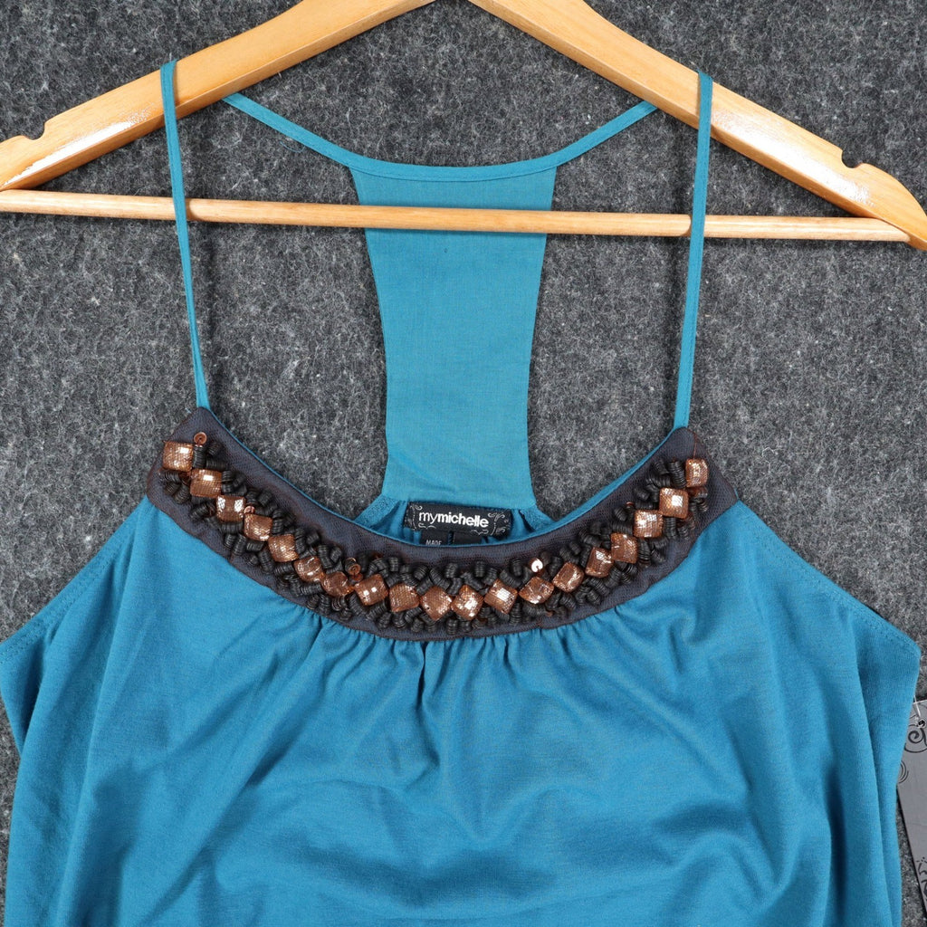 Mymichelle Tank Top Large Teal Blue Beaded Neckline Racerback Banded Hem NWT - take2supply