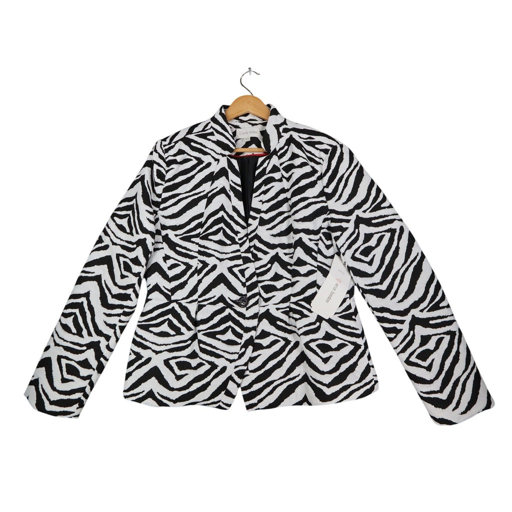 Front view of black and white zebra-print Erin London blazer