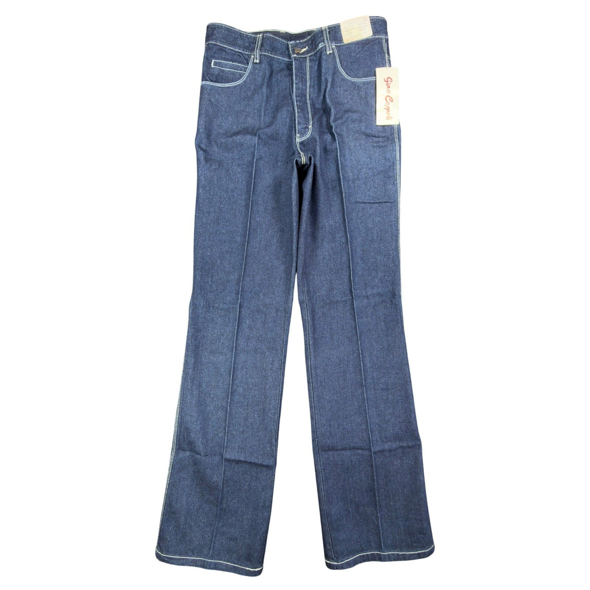 Front view of indigo Gino Cappeli bootcut jeans with white stitching