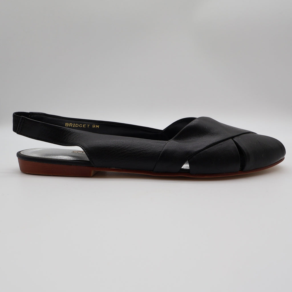 Nicole Bridget Sandals Women 9 Black Leather Slingback Flat Peep Toe Vintage y2k - take2supply