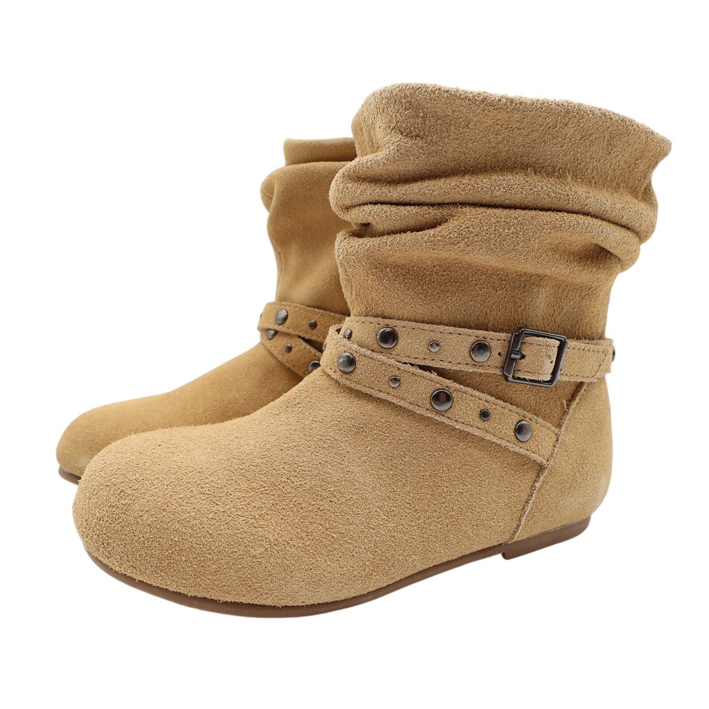 L'Amour Slouch Ankle Boots Kids Size 1 Tan Suede Leather Studded Buckle A612 - take2supply