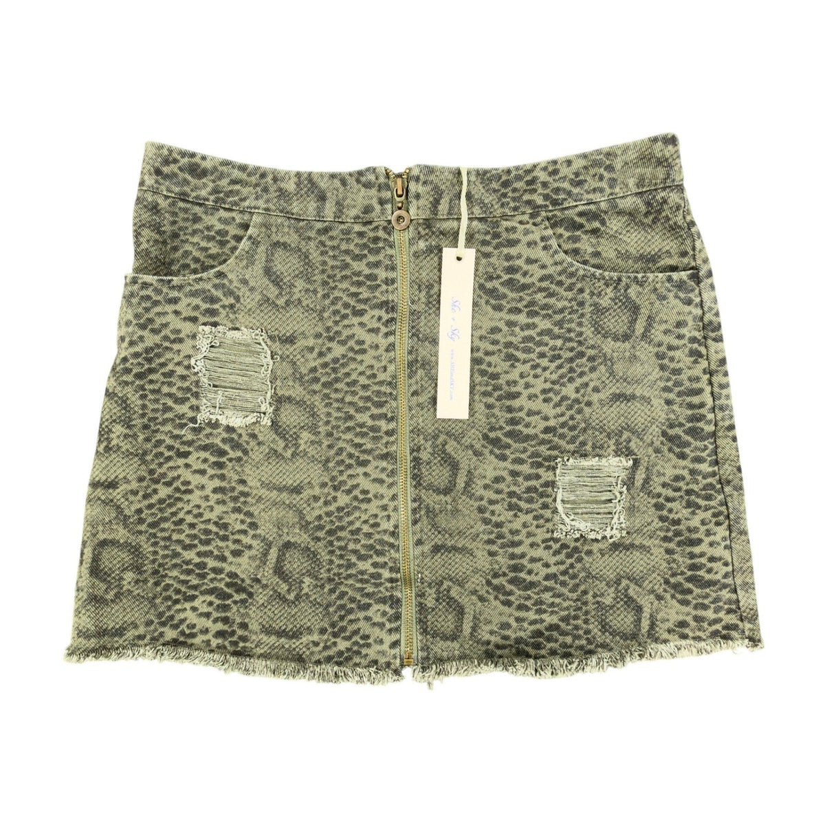 She + Sky Snake Print Mini Skirt Womens Medium Green Cotton Distressed NWT - take2supply