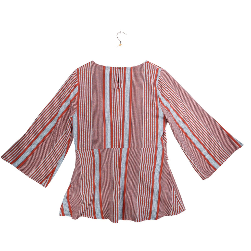 Entro Striped Front Tie Blouse Womens Size L Red Blue Bell Sleeve Top NEW - take2supply