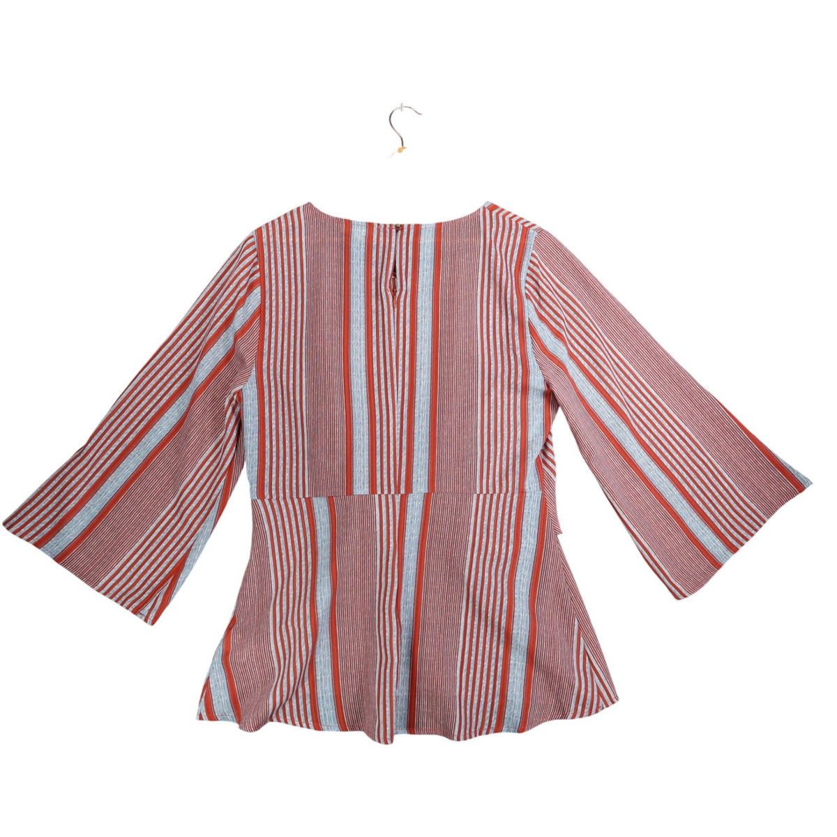 Entro Striped Front Tie Blouse Womens Size L Red Blue Bell Sleeve Top NEW - take2supply