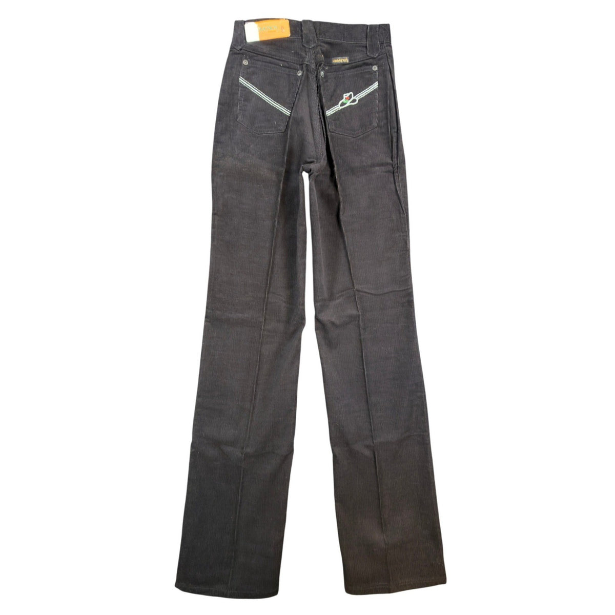 Black Maverick flared corduroy pants with embroidered back pockets, full back view