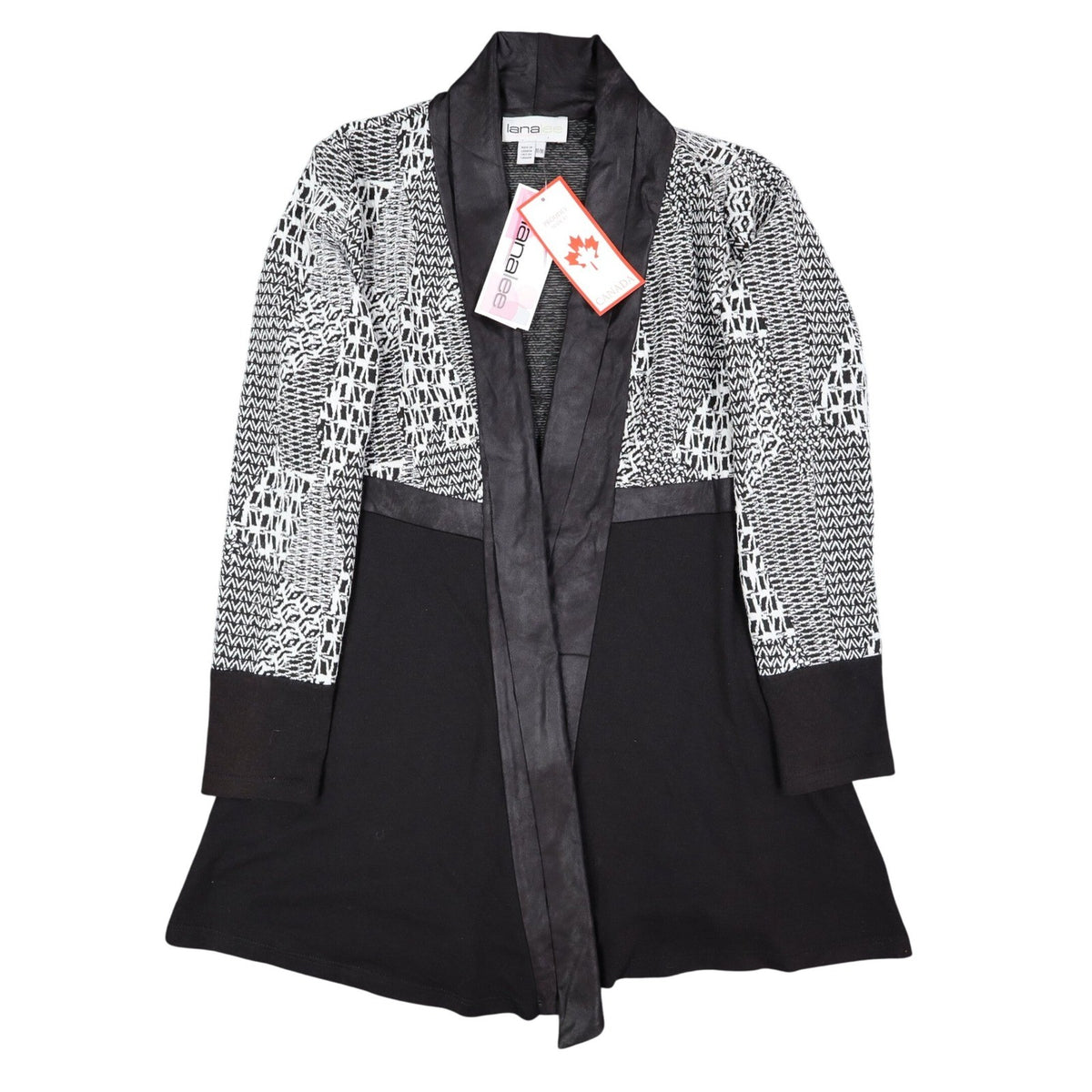 Lana Lee Cardigan Jacket Womens Medium Black White Geometric Open Front NWT - take2supply