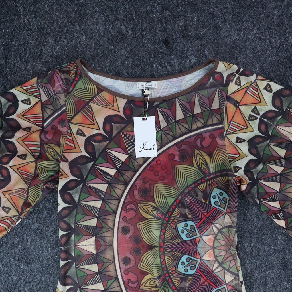 Mismash Carcara Dress Womens Small Brown Boho Mandala Print Bell Sleeve Mini - take2supply
