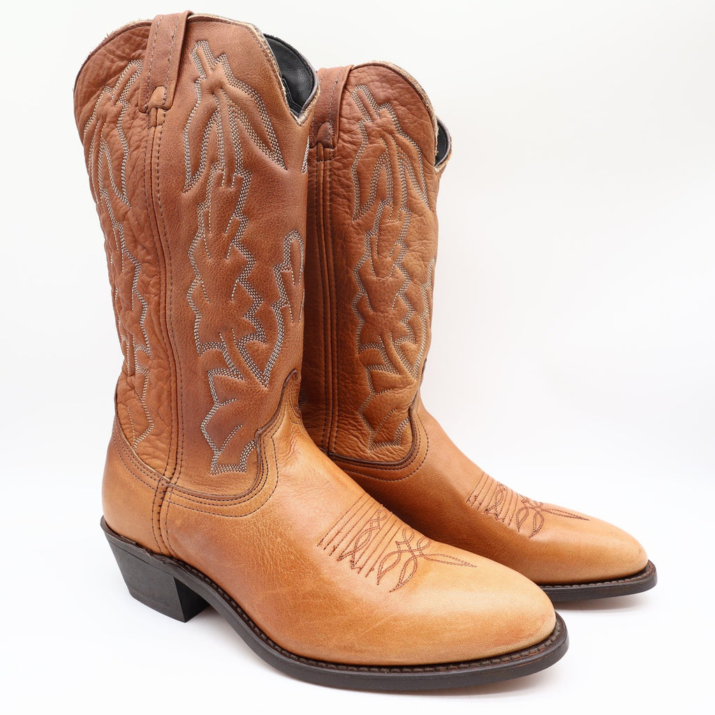 American West Trading Cowboy Boots Mens 9 D Walnut Deertan Leather Made in USA - take2supply
