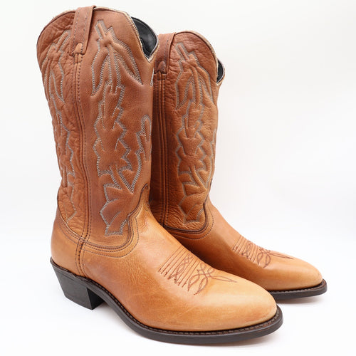 Tan-brown American West cowboy boots, angled front view