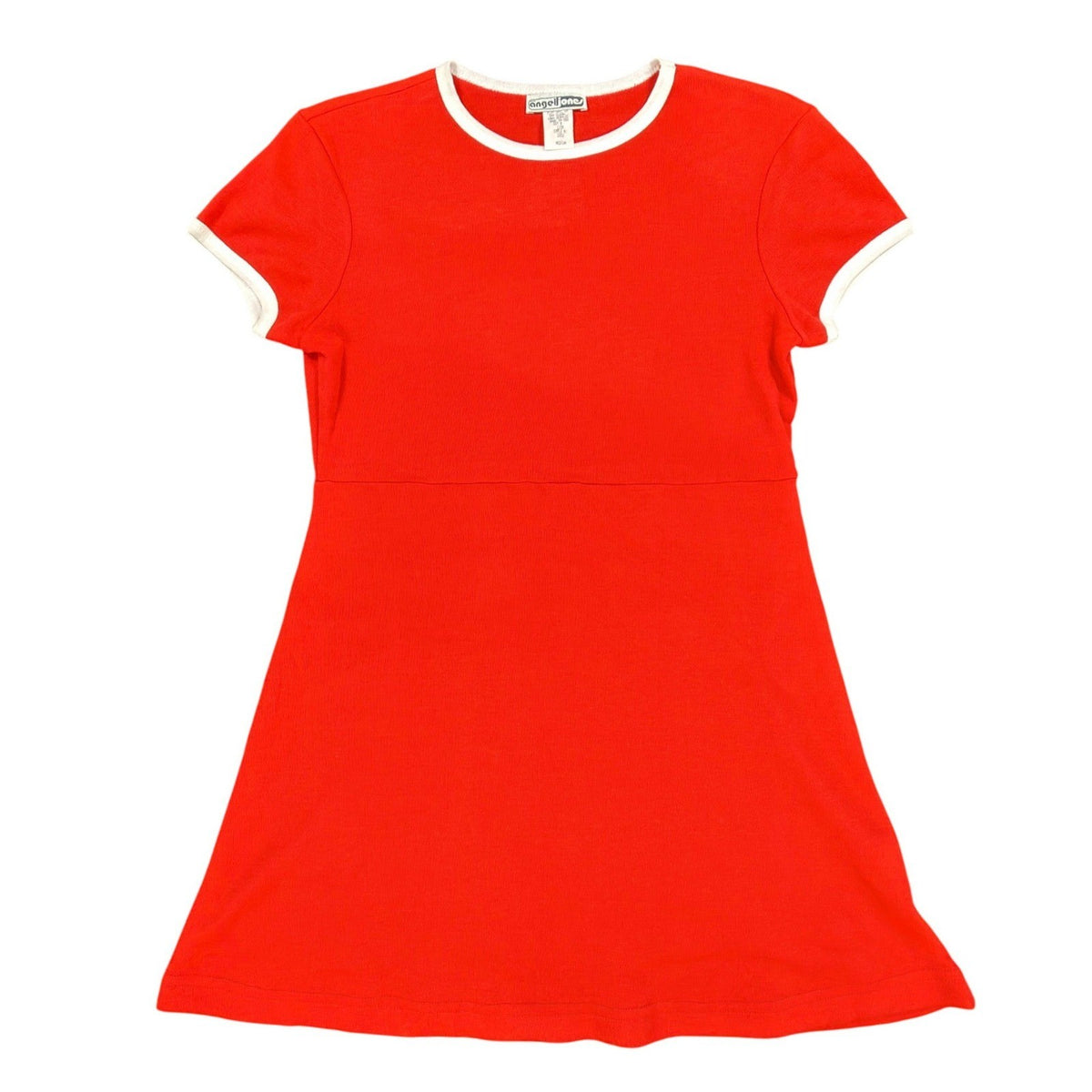 Front of a red Angel Jones short-sleeve dress with white neckline and sleeve trim
