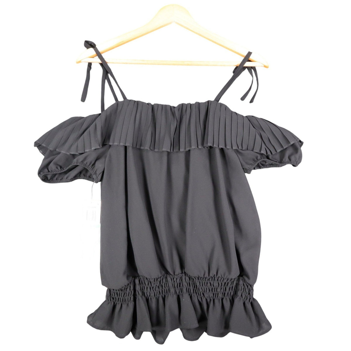 My Michelle Off Shoulder Blouse Womens Large Black Pleated Ruffle Smocked Top - take2supply