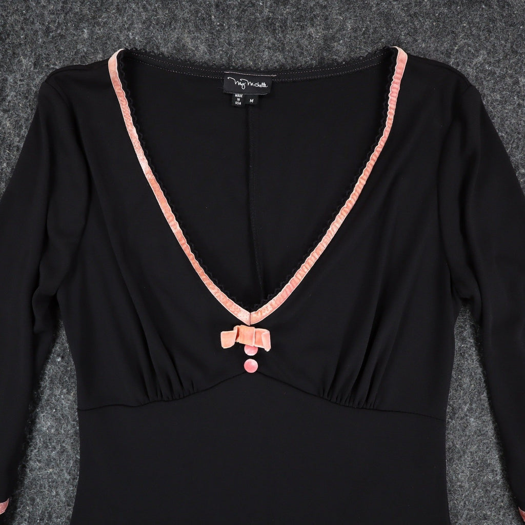 My Michelle Dress Medium Women Y2K Black Pink Velvet Trim V-Neck Sheath C832 - take2supply