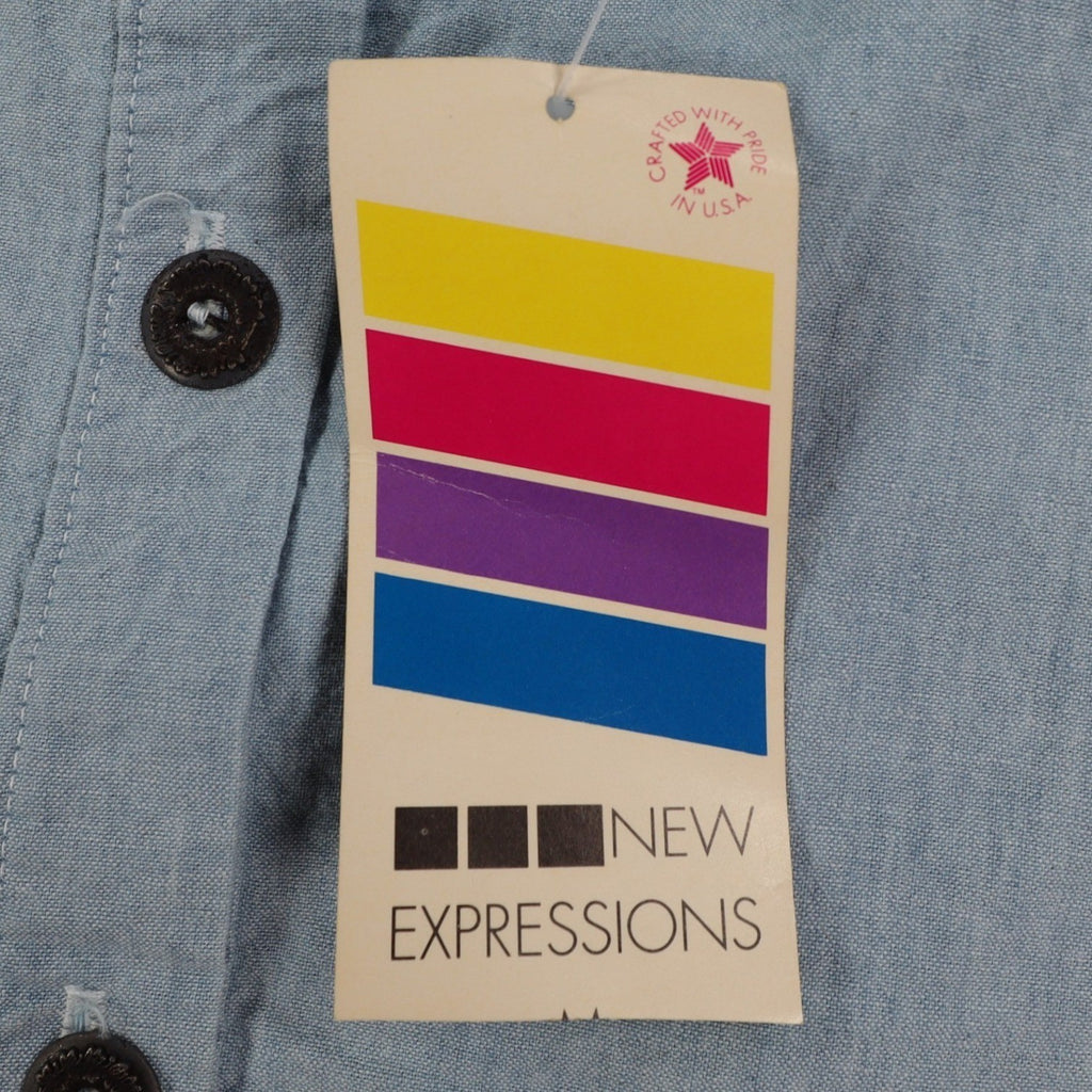 New Expressions Shirt Womens Medium Vintage Blue Cotton Ruffle Short Sleeve USA - take2supply