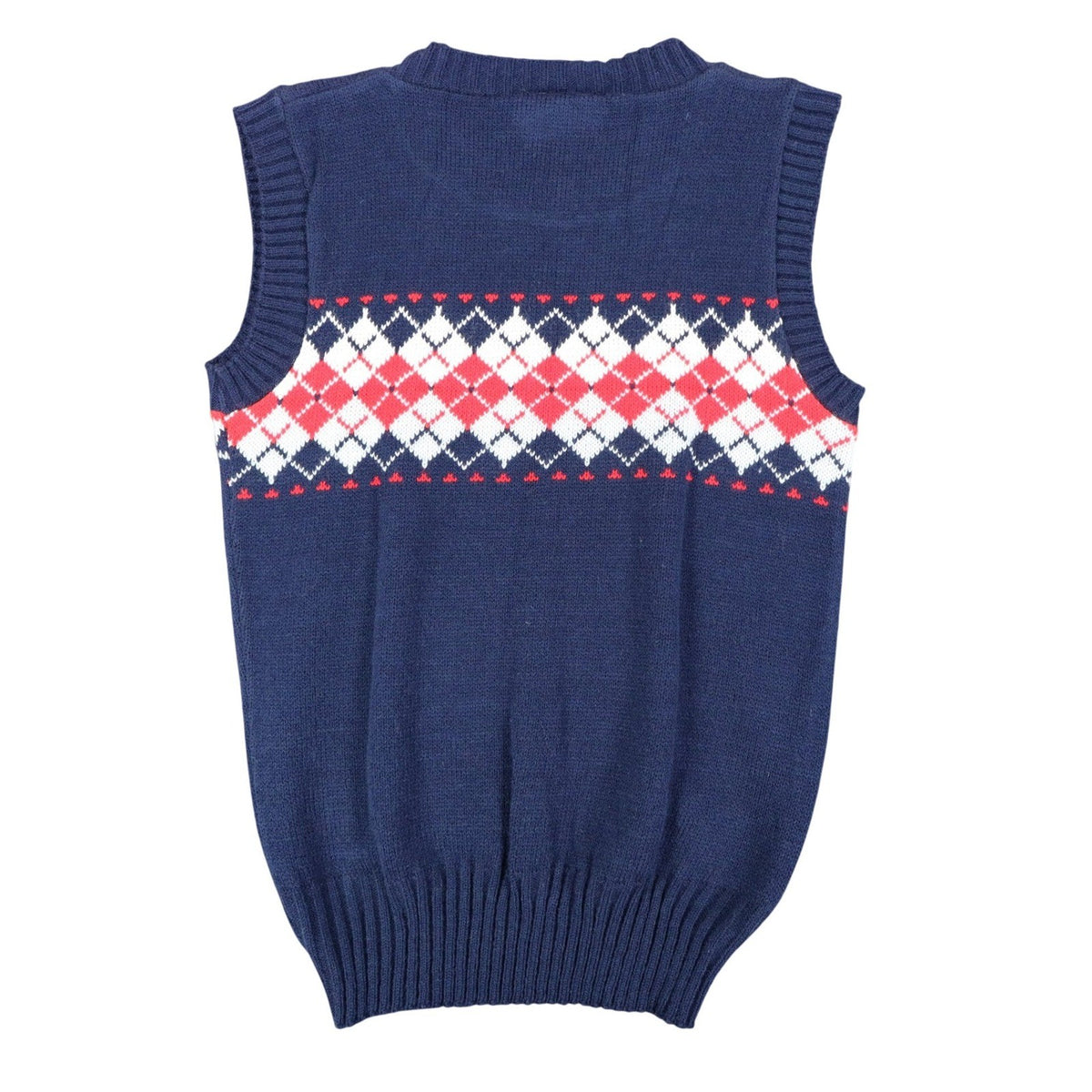 Back of the navy sweater vest with red and white argyle band