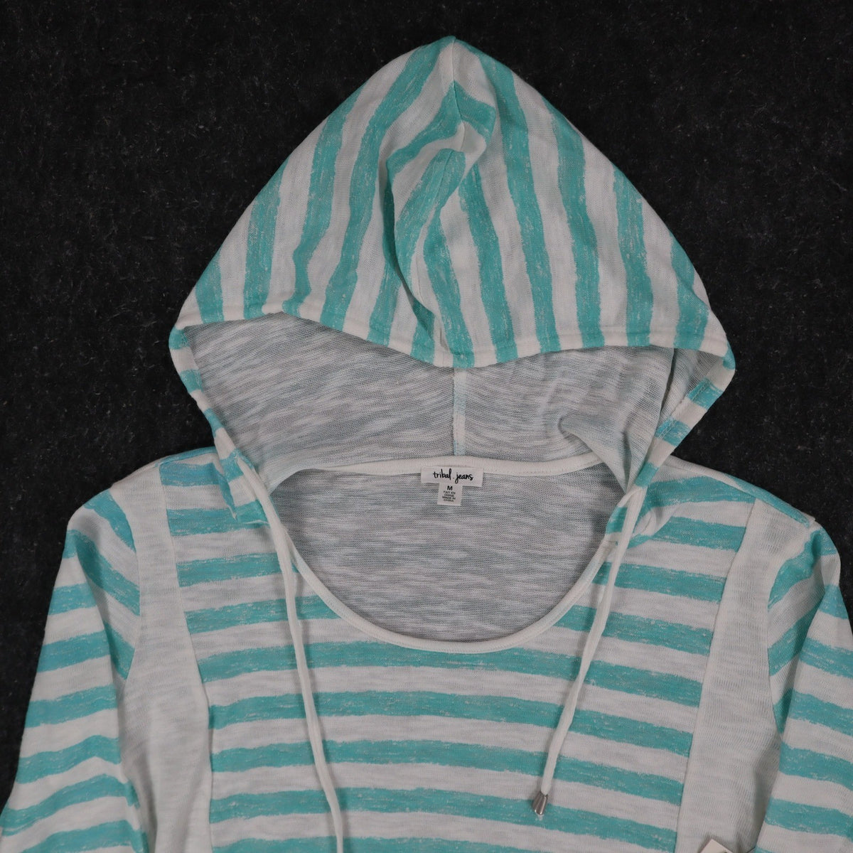 Tribal Jeans Womens M Aqua White Striped Lightweight Hooded Pullover Top NWT - take2supply