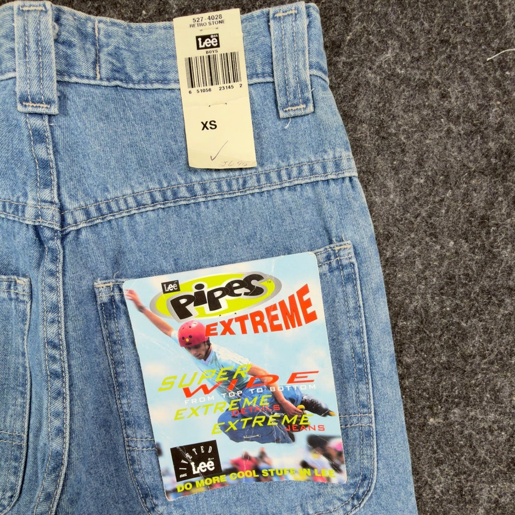 Lee Pipes Y2K Extreme Super Wide Leg Jeans Boys XS Blue Denim NWT Vintage Skater - take2supply