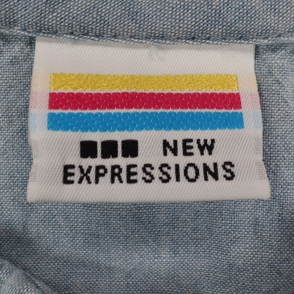 New Expressions Ruffle Shirt Womens M Vintage 80s Light Blue Cotton Boxy USA - take2supply