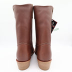 Rear view of brown Double-H pull-on boots with tan soles, showing heel seams and collars