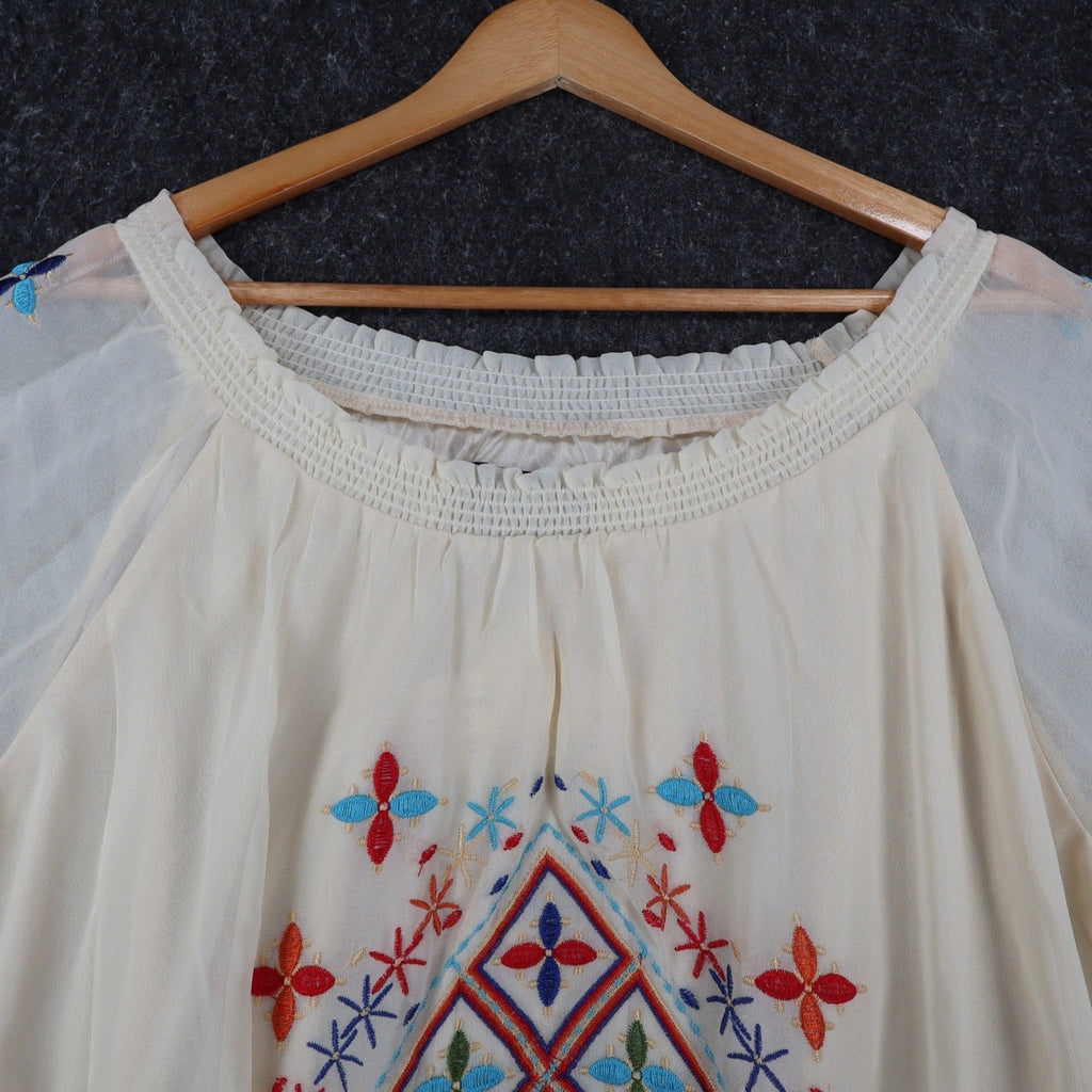 Angie Embroidered Smocked Blouse Womens Size Medium Ivory Boho Sheer Sleeve Top - take2supply