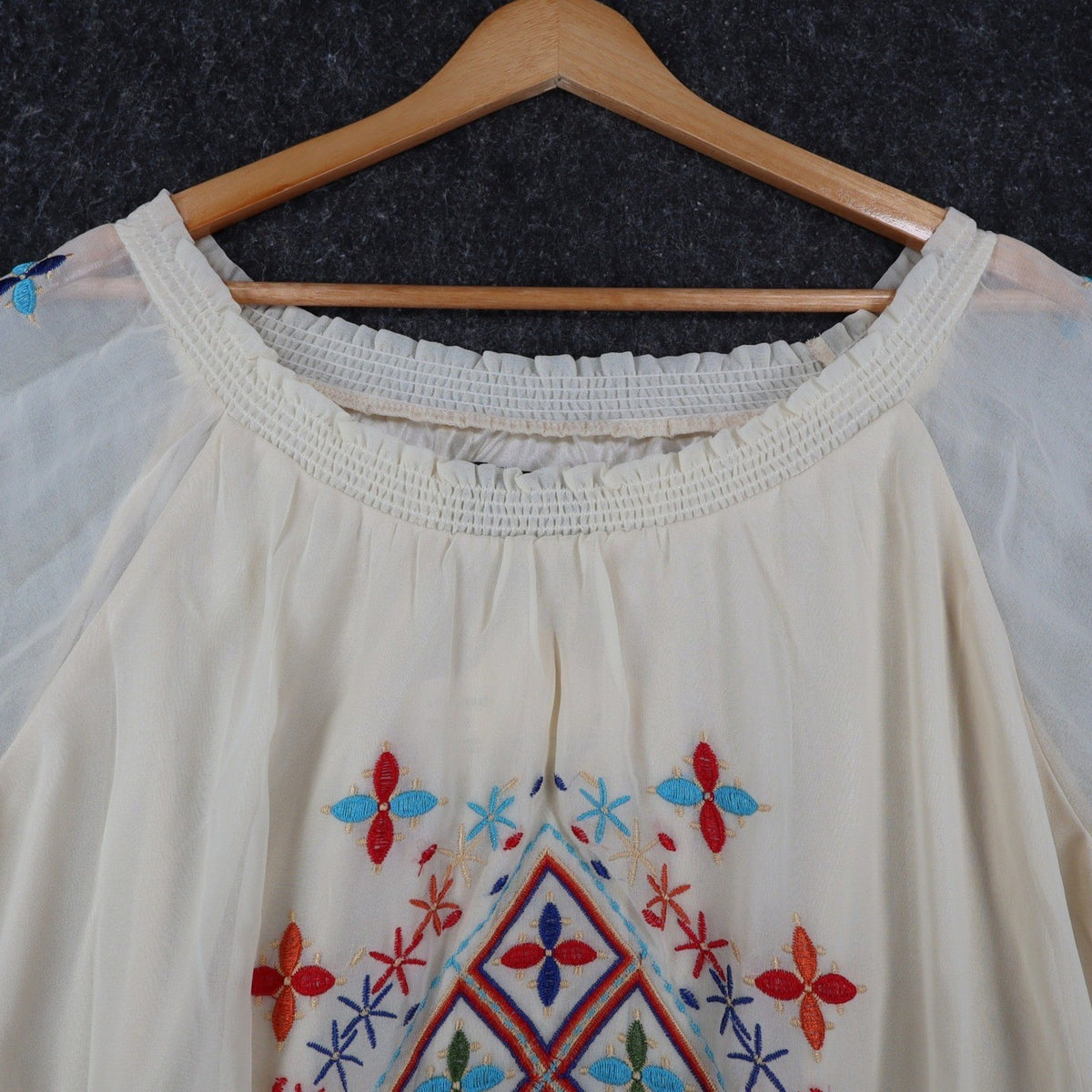 Angie Embroidered Smocked Blouse Womens Size Medium Ivory Boho Sheer Sleeve Top - take2supply