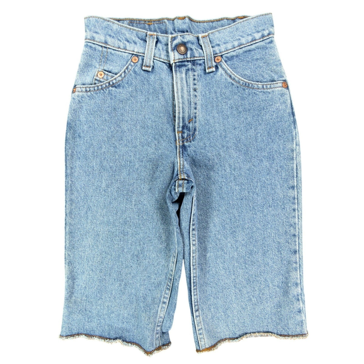 Blue Levi's 550 denim shorts, front view with raw leg edges