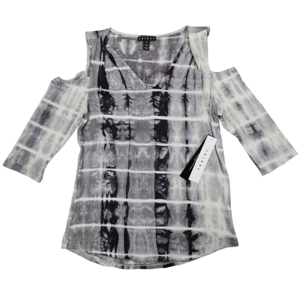 Tribal Cold Shoulder Top Womens Small Gray White Tie Dye Rayon Stretch V-Neck - take2supply