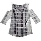 Tribal Cold Shoulder Top Womens Small Gray White Tie Dye Rayon Stretch V-Neck - take2supply