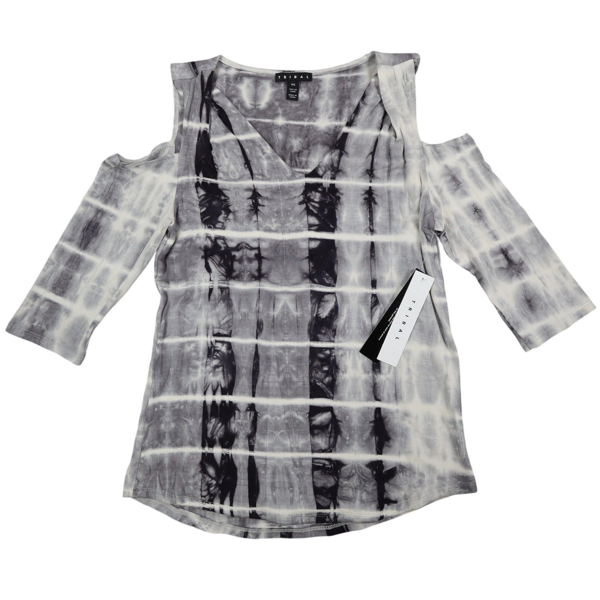 Tribal Cold Shoulder Top Womens Small Gray White Tie Dye Rayon Stretch V-Neck - take2supply