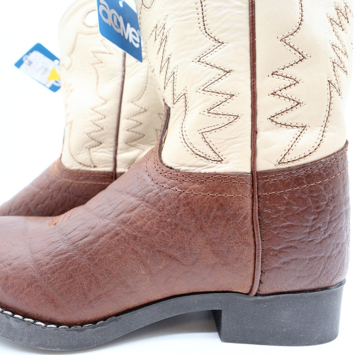 Acme Vintage Cowboy Boots Boys 2 Brown Cream Bullhide Roper NWT Deadstock - take2supply