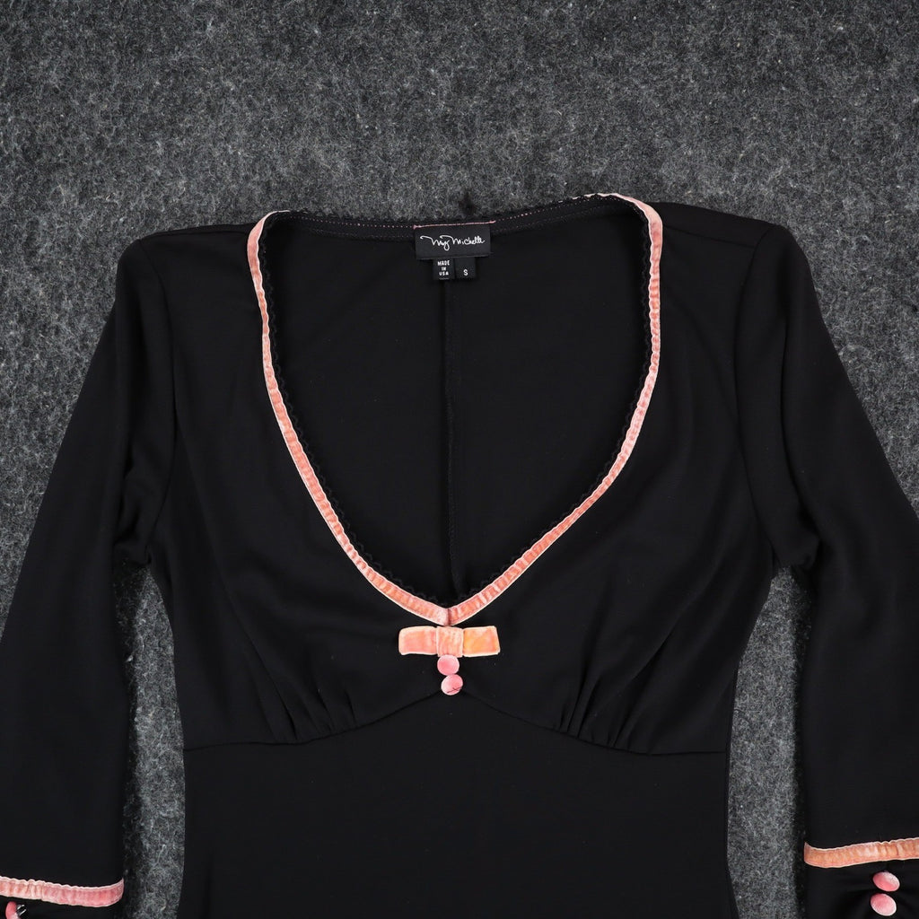 My Michelle Dress Womens Small Y2K Black Pink Bow V-Neck 3/4 Sleeve A-Line USA - take2supply