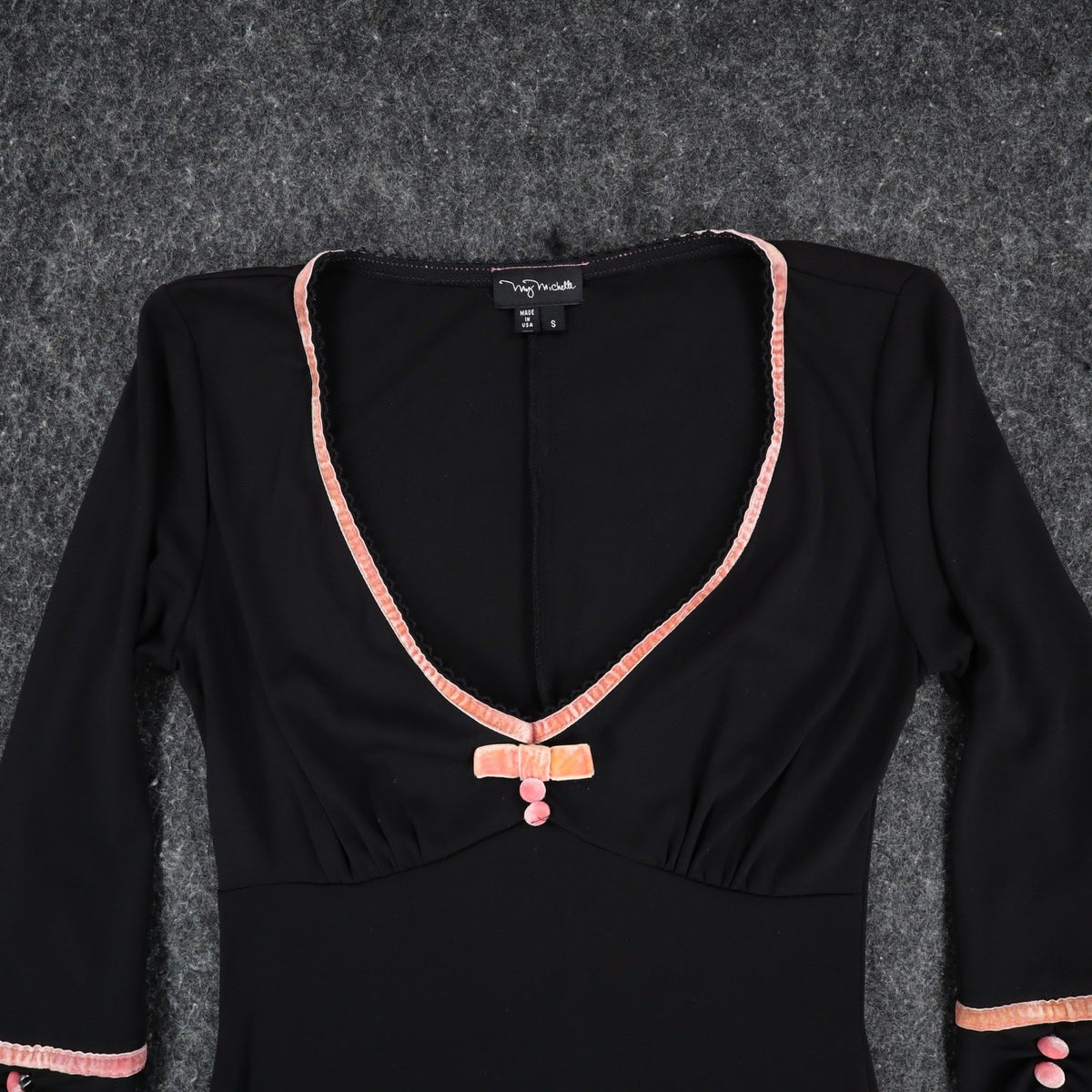 My Michelle Dress Womens Small Y2K Black Pink Bow V-Neck 3/4 Sleeve A-Line USA - take2supply